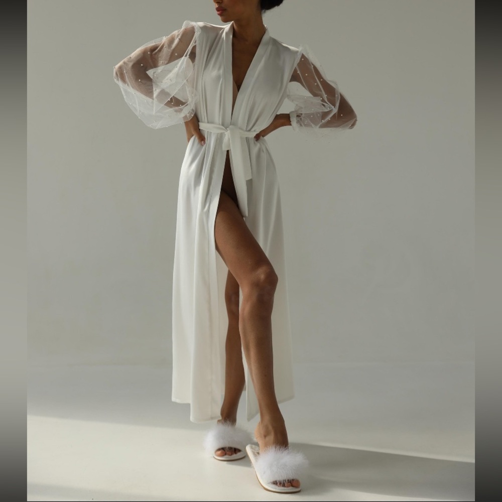 Bridal Robe with Pearl Sheer Sleeves - Medium